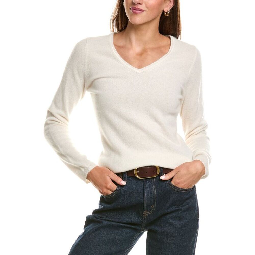 Incashmere Womens Basic V-Neck 100% Cashmere Sweater, White